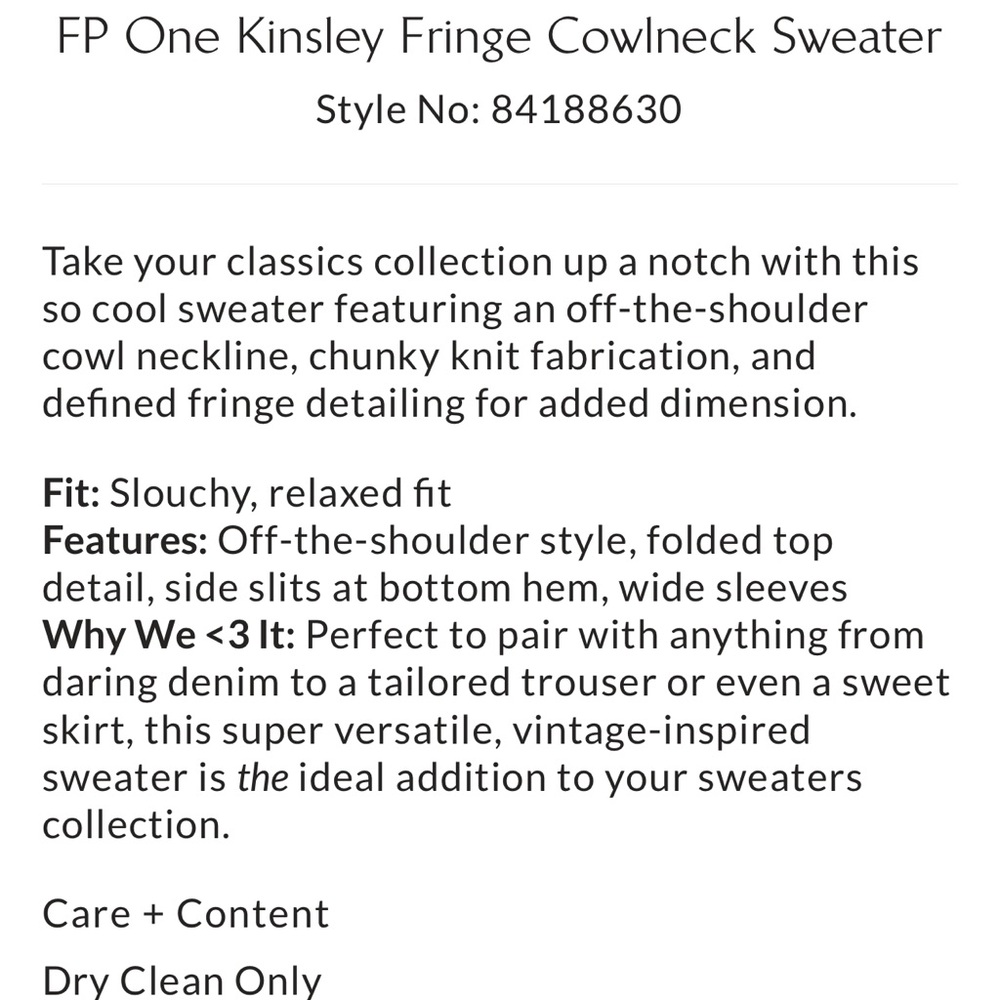 Free People FP One Kinsley Fringe Cowl Neck Sweater . - Picture 7 of 7